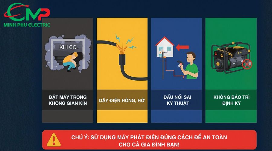 MÁY PHÁT ĐIỆN GIA ĐÌNH: BÍ QUYẾT SỬ DỤNG AN TOÀN 1 Nguyên nhân phổ biến gây mất an toàn khi sử dụng máy phát điện gia đình