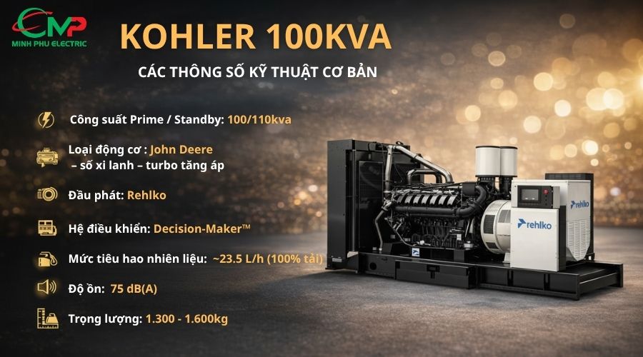 Các thông số kỹ thuật quan trọng của máy phát điện Kohler 100kVA