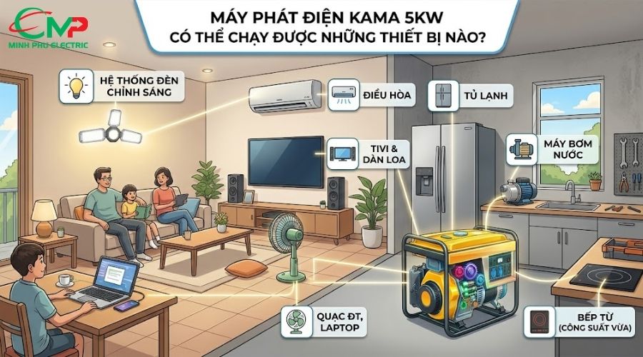 03 LÝ DO NÊN MUA MÁY PHÁT ĐIỆN KAMA 5KW CHO GIA ĐÌNH 2 Máy phát điện Kama 5kW có thể chạy được những thiết bị nào?