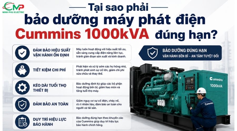 MÁY PHÁT ĐIỆN CUMMINS 1000KVA: BẢO DƯỠNG KHI NÀO? 1 Tại sao phải bảo dưỡng máy phát điện Cummins 1000kVA đúng hạn?
