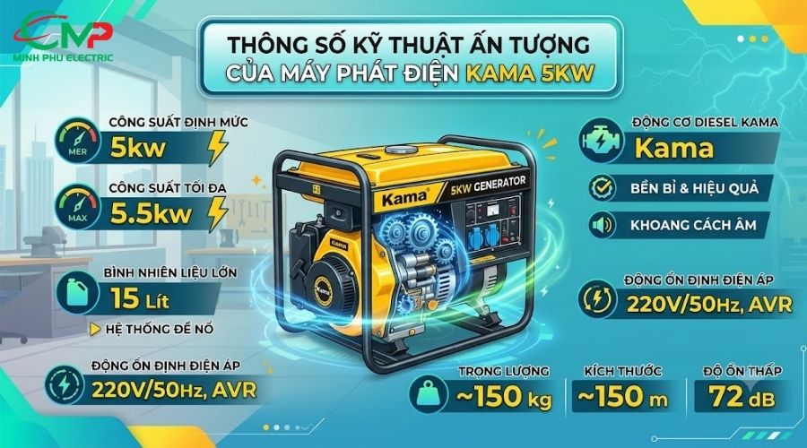 03 LÝ DO NÊN MUA MÁY PHÁT ĐIỆN KAMA 5KW CHO GIA ĐÌNH 1 Thông số kỹ thuật ấn tượng của máy phát điện Kama 5kW
